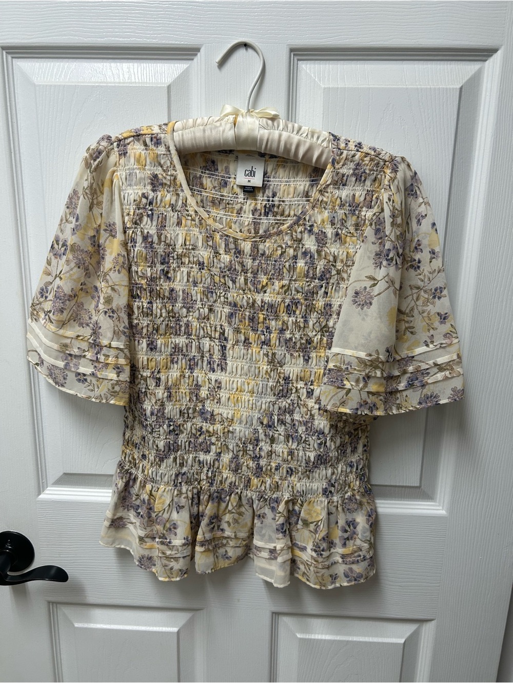 CAbi Angel Top Cream Floral Smocked Peplum Blouse with Purple & Yellow Print